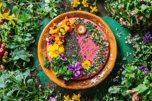 Vibrant pink smoothie bowl adorned with edible flowers, chia seeds, and fresh herbs.