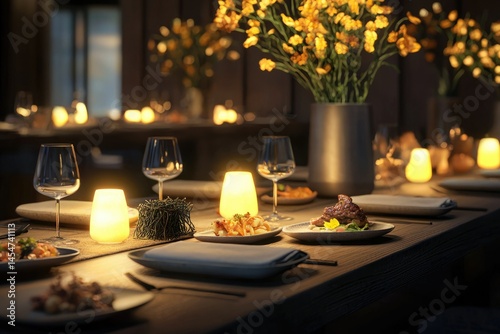 A dimly lit restaurant table set for a romantic dinner, featuring delicious food and warm candlelight.