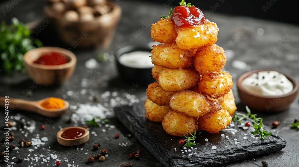 Patatas Bravas in a gourmet stack formation, surrounded by ingredients in tiny bowls and decorative culinary elements