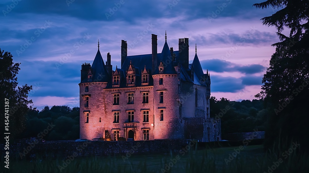 Fototapeta premium Majestic medieval tower with fiery sunset sky behind