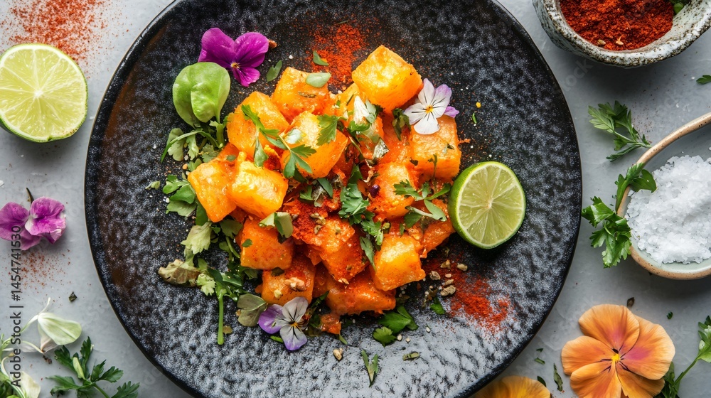 Patatas Bravas plated with modern flair, surrounded by ingredients like smoked paprika, lime wedges, and edible flowers