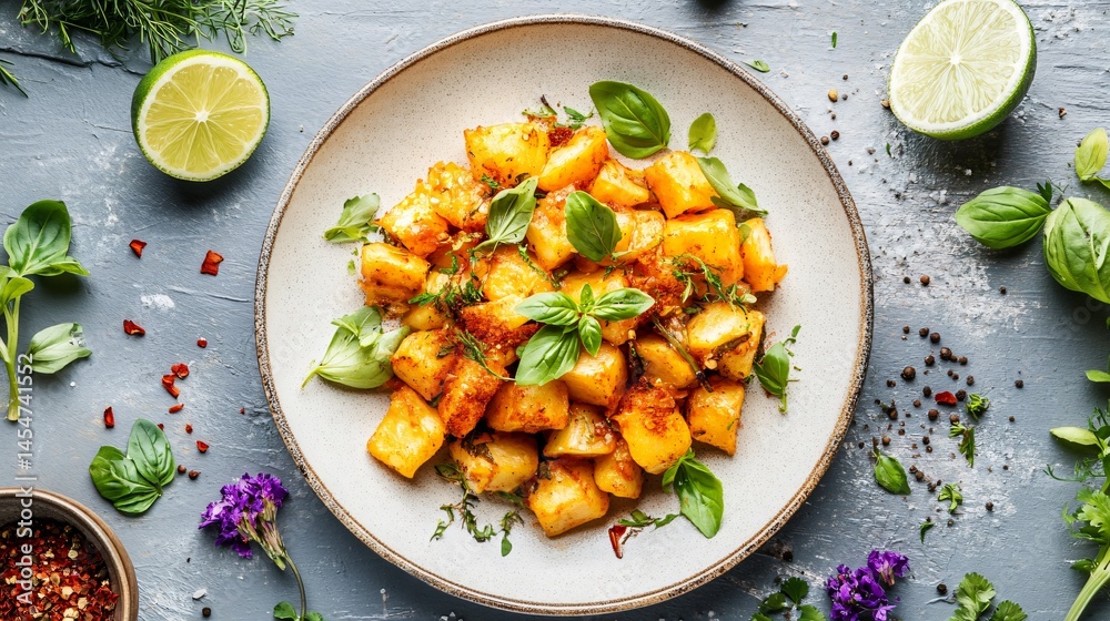Patatas Bravas plated with modern flair, surrounded by ingredients like smoked paprika, lime wedges, and edible flowers