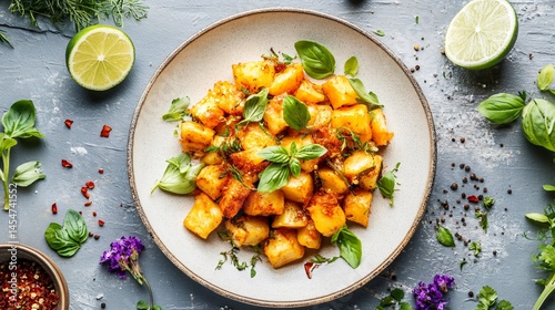 Obraz na płótnie Patatas Bravas plated with modern flair, surrounded by ingredients like smoked paprika, lime wedges, and edible flowers w salonie