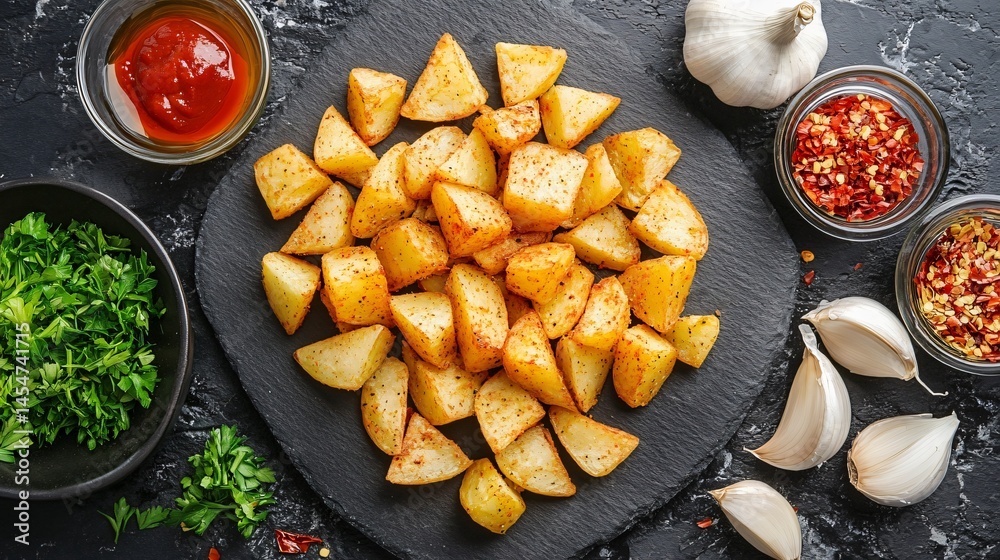 Patatas Bravas presented on slate platter, surrounded by Spanish ingredients like garlic, olive oil, parsley, and red chili