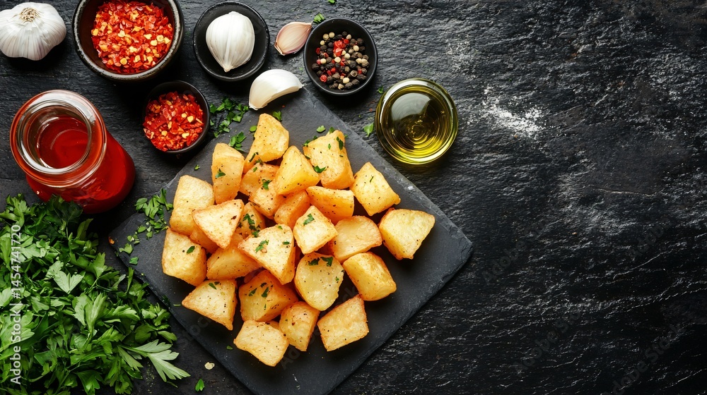 Patatas Bravas presented on slate platter, surrounded by Spanish ingredients like garlic, olive oil, parsley, and red chili