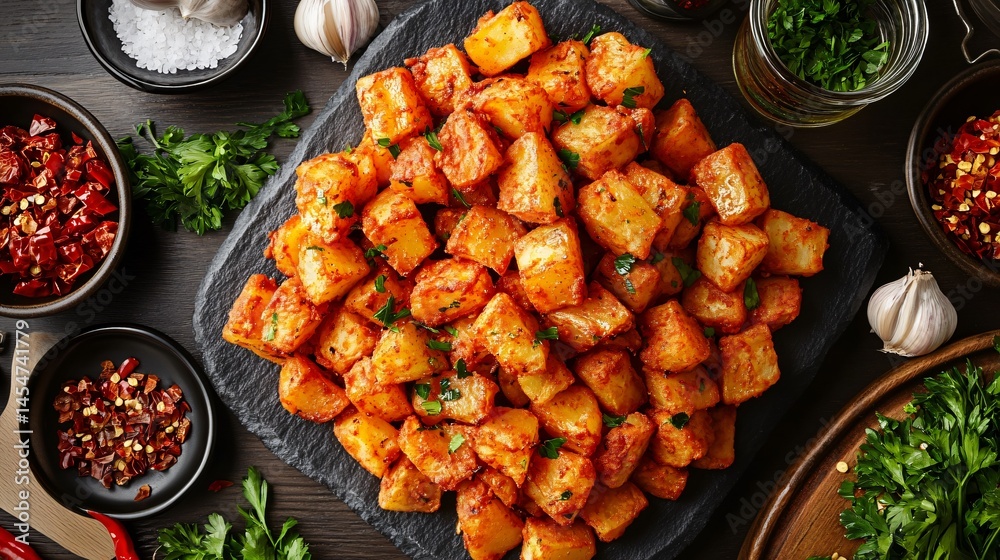 Patatas Bravas presented on slate platter, surrounded by Spanish ingredients like garlic, olive oil, parsley, and red chili