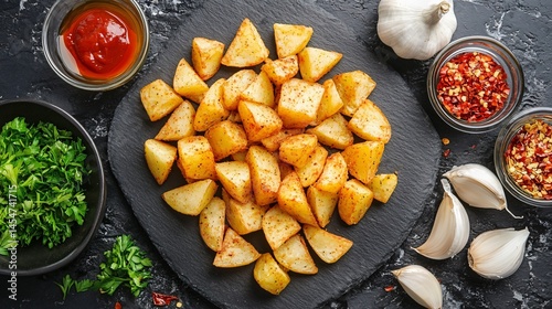 Obraz na płótnie Patatas Bravas presented on slate platter, surrounded by Spanish ingredients like garlic, olive oil, parsley, and red chili w salonie