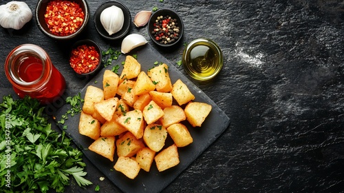 Obraz na płótnie Patatas Bravas presented on slate platter, surrounded by Spanish ingredients like garlic, olive oil, parsley, and red chili w salonie