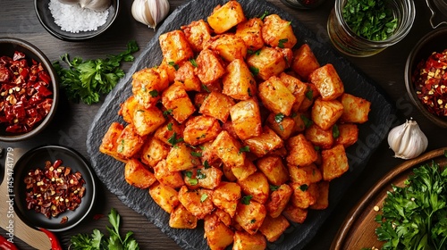 Obraz na płótnie Patatas Bravas presented on slate platter, surrounded by Spanish ingredients like garlic, olive oil, parsley, and red chili w salonie