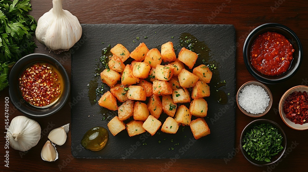 Patatas Bravas presented on slate platter, surrounded by Spanish ingredients like garlic, olive oil, parsley, and red chili