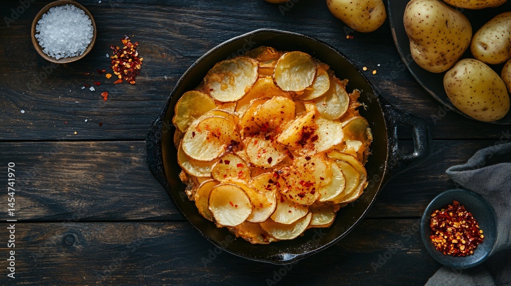 Patatas Bravas served in a cast iron skillet, surrounded by raw potato slices, chili flakes, and sea salt on a dark wooden surface