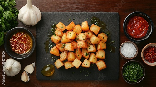 Obraz na płótnie Patatas Bravas presented on slate platter, surrounded by Spanish ingredients like garlic, olive oil, parsley, and red chili w salonie
