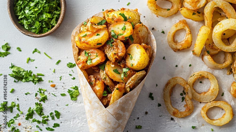 Patatas Bravas served in a paper cone with herbs and sauce, surrounded by peeled potatoes, onion rings, and chopped parsley