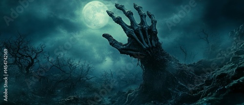 Undead hand reaches up from barren earth under full moon, evoking feeling of supernatural horror.