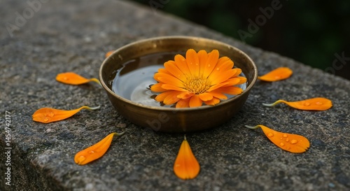Yellow orange marigold flower in water bowl surrounded by petals on stone surface, natural decor