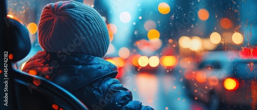 Young child wearing winter clothes is observing blurred road lights through car window on rainy evening.