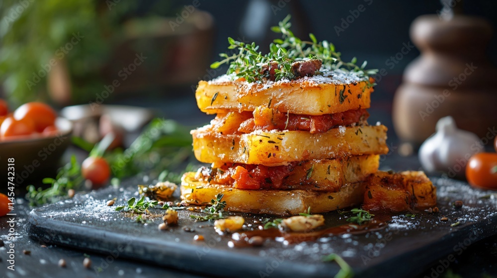 Patatas Bravas in a gourmet stack formation, surrounded by ingredients in tiny bowls and decorative culinary elements