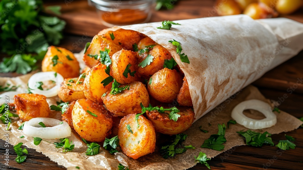 Patatas Bravas served in a paper cone with herbs and sauce, surrounded by peeled potatoes, onion rings, and chopped parsley
