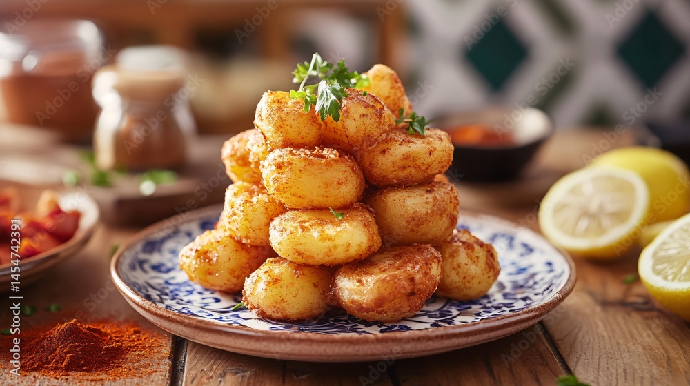 Patatas Bravas towered neatly on a rustic ceramic plate, surrounded by rustic Spanish tiles and ingredients like paprika and lemon wedges