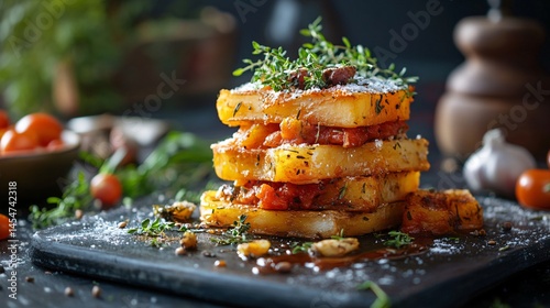 Obraz na płótnie Patatas Bravas in a gourmet stack formation, surrounded by ingredients in tiny bowls and decorative culinary elements w salonie