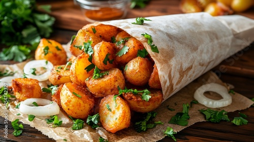Obraz na płótnie Patatas Bravas served in a paper cone with herbs and sauce, surrounded by peeled potatoes, onion rings, and chopped parsley w salonie