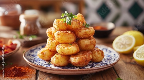 Obraz na płótnie Patatas Bravas towered neatly on a rustic ceramic plate, surrounded by rustic Spanish tiles and ingredients like paprika and lemon wedges w salonie