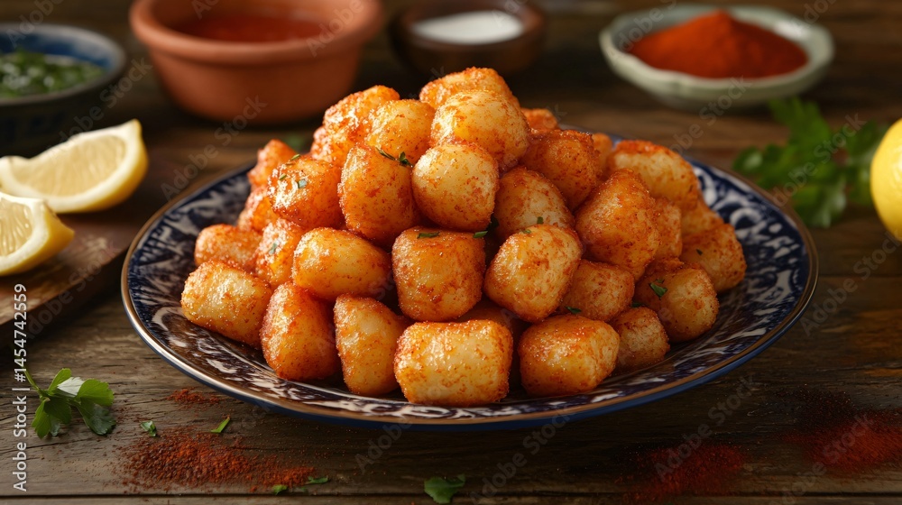 Patatas Bravas towered neatly on a rustic ceramic plate, surrounded by rustic Spanish tiles and ingredients like paprika and lemon wedges