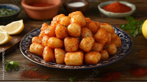 Obraz na płótnie Patatas Bravas towered neatly on a rustic ceramic plate, surrounded by rustic Spanish tiles and ingredients like paprika and lemon wedges w salonie