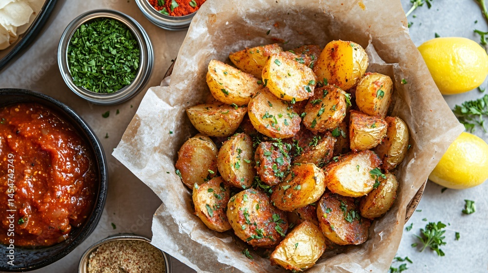 Patatas Bravas with spicy brava sauce artfully splashed, surrounded by sweet paprika tins, herbs, and lemon zest