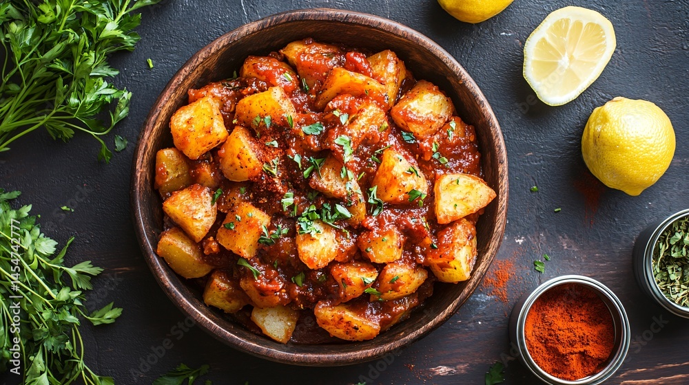 Patatas Bravas with spicy brava sauce artfully splashed, surrounded by sweet paprika tins, herbs, and lemon zest
