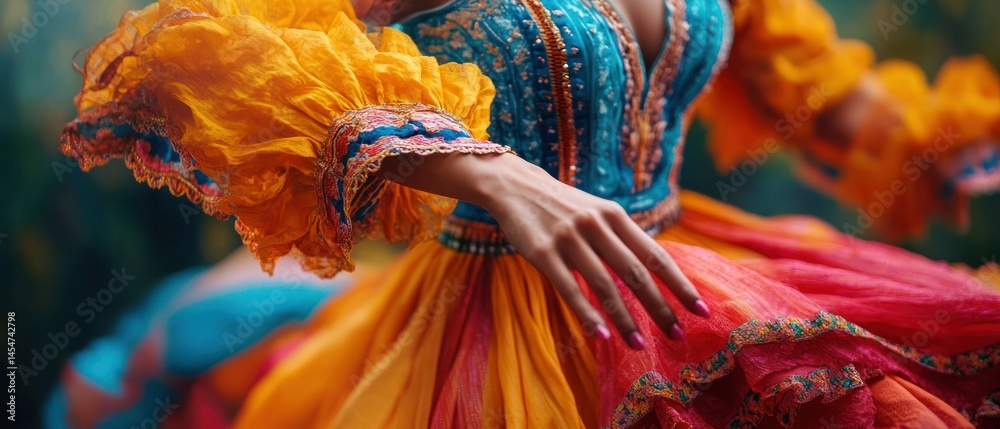Fototapeta premium Dancer gracefully moves in folklore dance, wearing colorful dress with ruffled sleeves expressing joyful spirit.