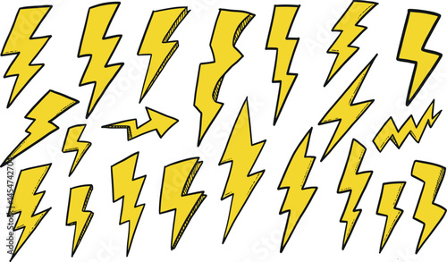 Thunder lightning. Bolt doodle icon. Hand drawn energy flash lightening.