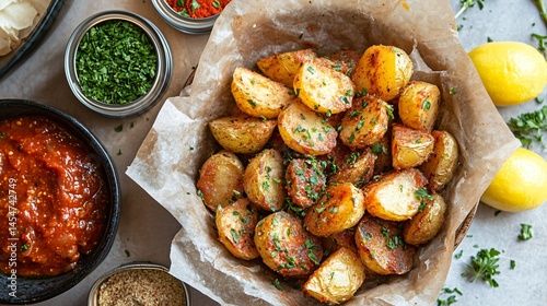 Obraz na płótnie Patatas Bravas with spicy brava sauce artfully splashed, surrounded by sweet paprika tins, herbs, and lemon zest w salonie