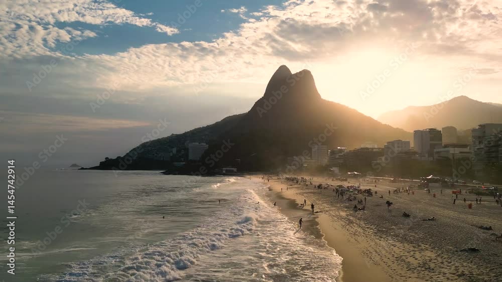 Leblon Beach Full of People Aerial View in Rio de Janeiro, Brazil