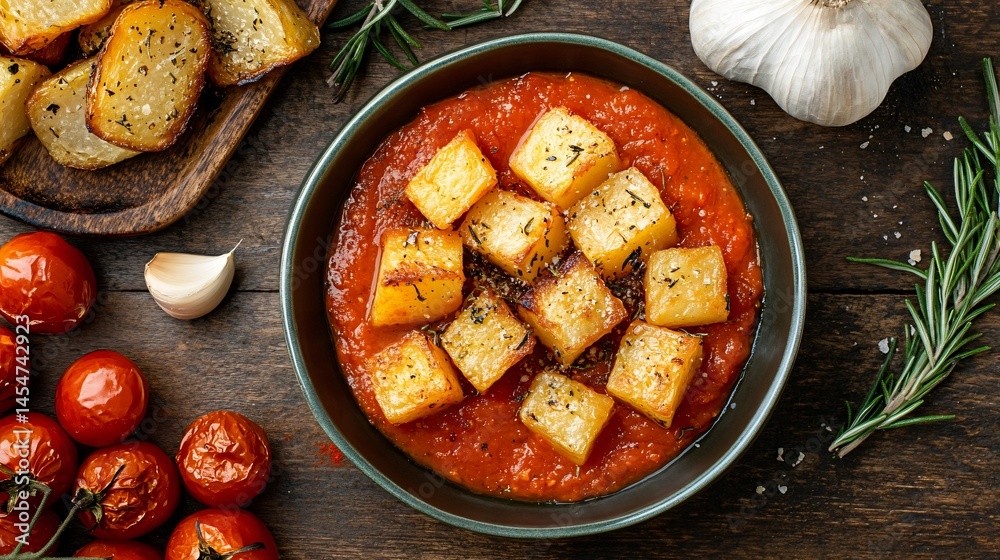 Patatas Bravas with vibrant red-orange sauce, surrounded by garlic peels, roasted tomatoes, and rosemary