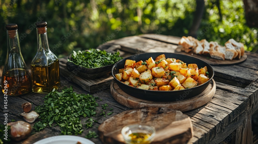 Rustic outdoor setting with Patatas Bravas served picnic-style, surrounded by chopped herbs and oil bottles