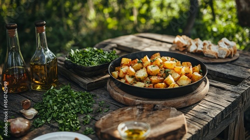 Obraz na płótnie Rustic outdoor setting with Patatas Bravas served picnic-style, surrounded by chopped herbs and oil bottles w salonie