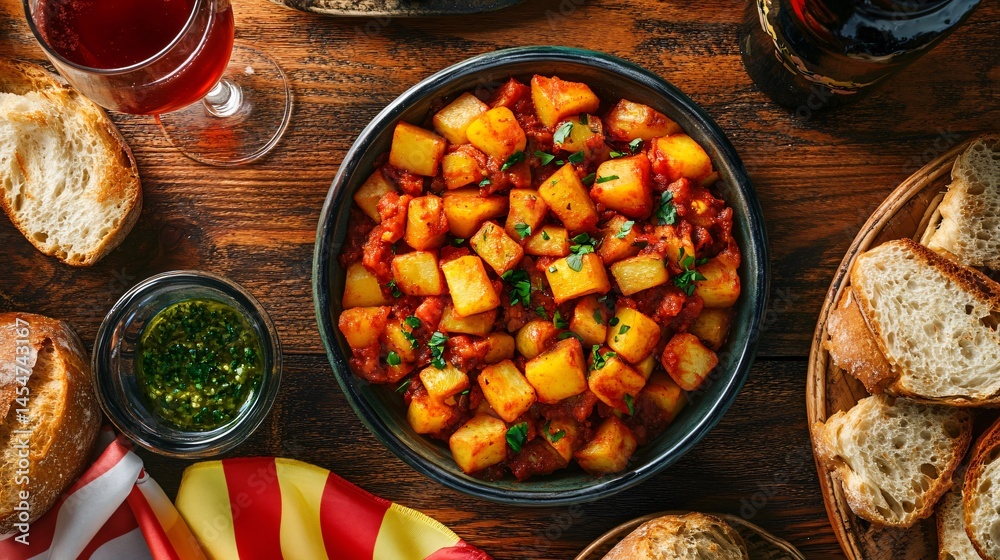 Tapas-style presentation of Patatas Bravas, surrounded by sangria glass, rustic bread, and Spanish flag decor