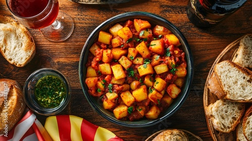Obraz na płótnie Tapas-style presentation of Patatas Bravas, surrounded by sangria glass, rustic bread, and Spanish flag decor w salonie