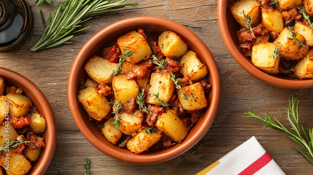 Traditional Spanish presentation of Patatas Bravas in terracotta tapas dishes, surrounded by Spanish flag-inspired garnishes