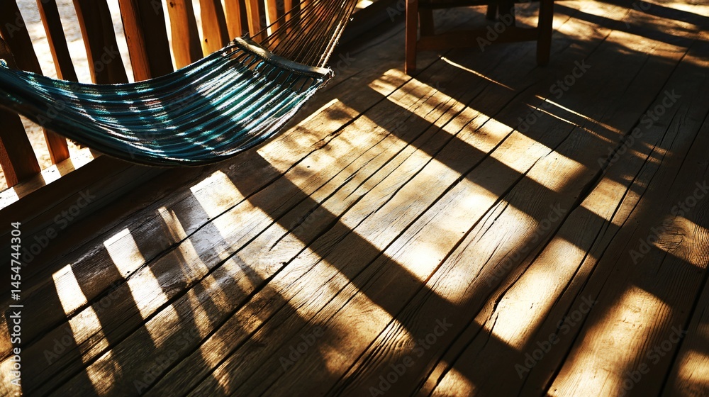 Artistic angle on hanging hammock shadows on rustic porch floor, close up abstract style