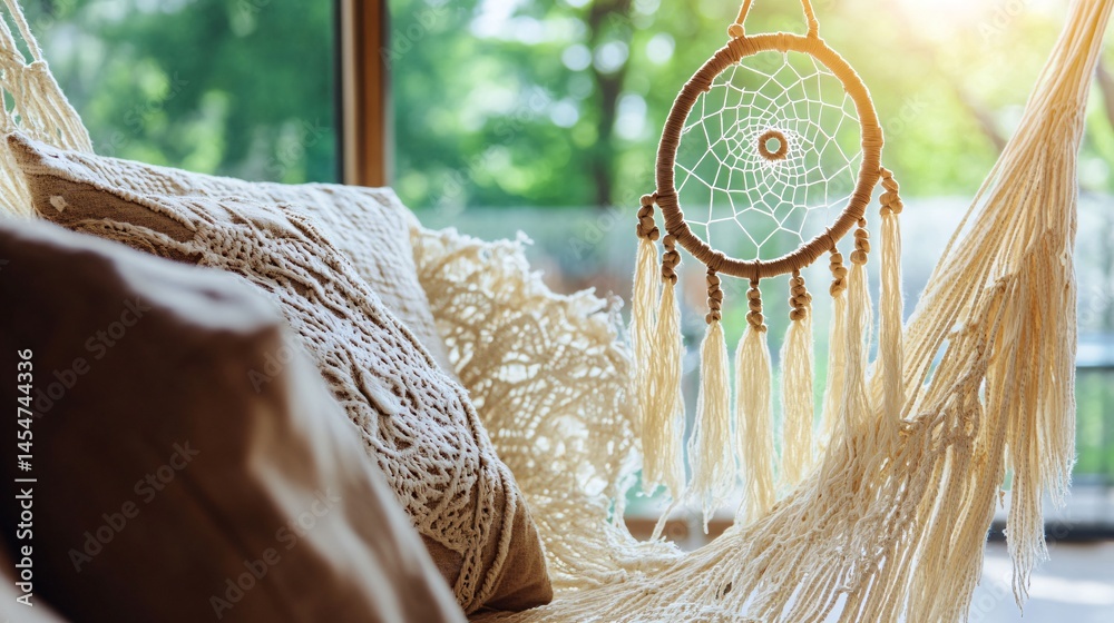 Bohemian style hammock with dreamcatcher detail, close up and rustic summer textures