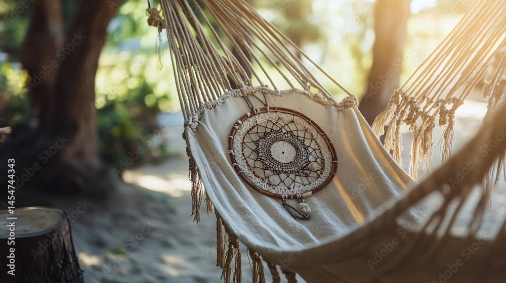 Bohemian style hammock with dreamcatcher detail, close up and rustic summer textures
