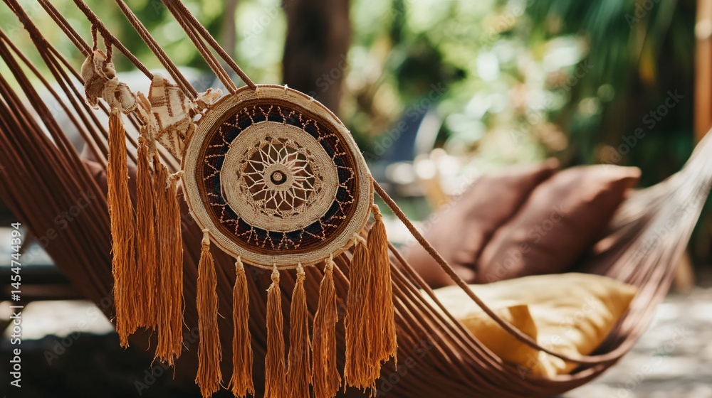 Bohemian style hammock with dreamcatcher detail, close up and rustic summer textures