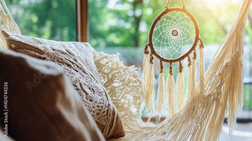 Obraz na płótnie Bohemian style hammock with dreamcatcher detail, close up and rustic summer textures w salonie