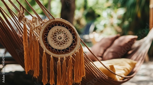 Bohemian style hammock with dreamcatcher detail, close up and rustic summer textures