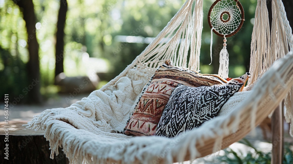 Bohemian style hammock with dreamcatcher detail, close up and rustic summer textures