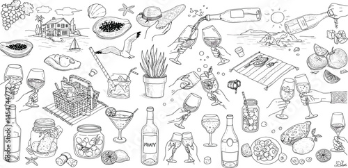 Hands hold white sparkling or red wine, champagne or cocktail glasses set.