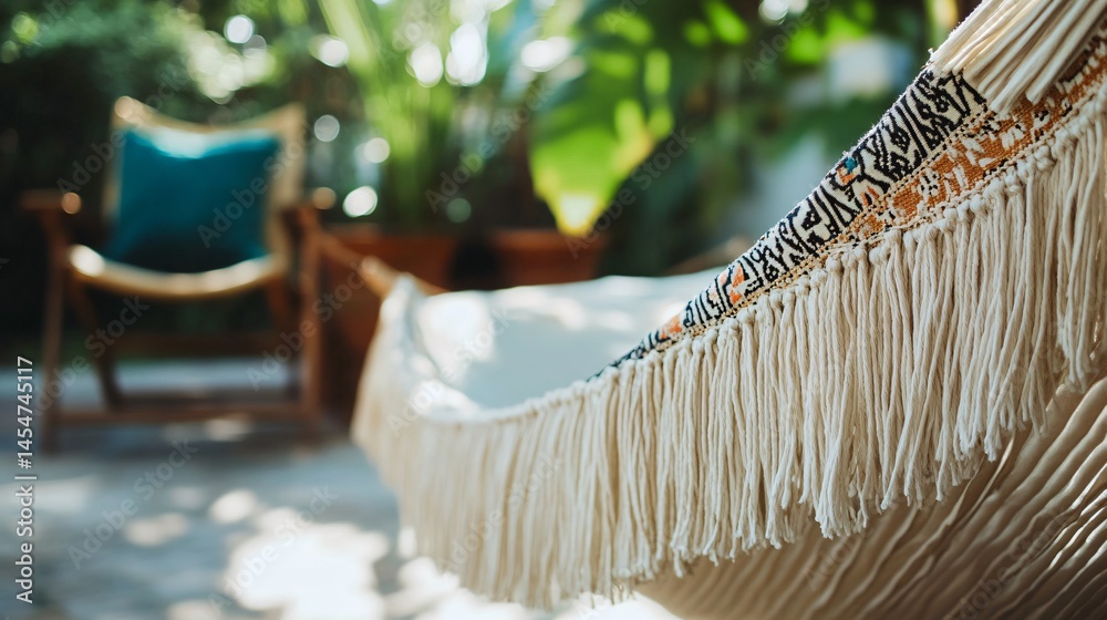 Close up of hammock edge with fringe gently blowing in wind, vintage chair and plant in background