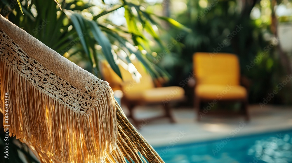 Close up of hammock edge with fringe gently blowing in wind, vintage chair and plant in background
